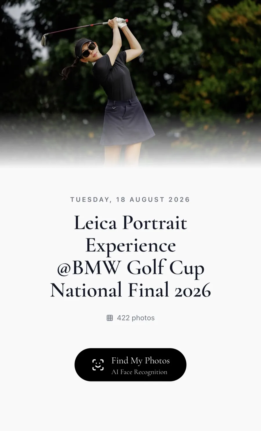 A guest gallery open on a phone, showing the Leica Portrait Experience at the BMW Golf Cup National Final with a Find My Photos button.